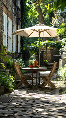 Obraz premium London garden in summer with patio, wooden garden furniture and a parasol or sun umbrella