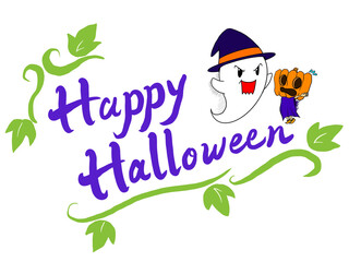 カボチャとオバケのイラスト付きHappy Halloweenのタグ