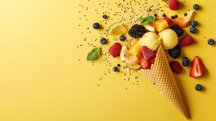 Fototapeta premium A waffle cone filled with vanilla ice cream and surrounded by fresh fruits like raspberries, blueberries, strawberries, and slices of peach, mango, and lime on a yellow background.