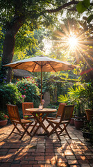 Fototapeta premium London garden in summer with patio, wooden garden furniture and a parasol or sun umbrella