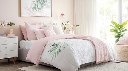 Fototapeta premium Modern Bedroom Interior Design with Pink Bedding and Green Plants