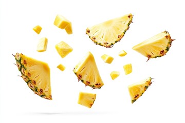 Naklejka premium Pineapple slices and pineapple pieces levitating in air on white background. File contains clipping paths, ai