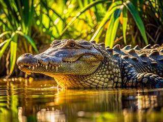 Obraz premium A massive marsh crocodile, its scaly body partially submerged in murky waters, basks in the warm sunlight filtering