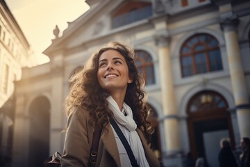 Fototapeta premium A woman with curly hair smiles brightly as she walks past an ornate building, basking in the soft, golden sunlight.