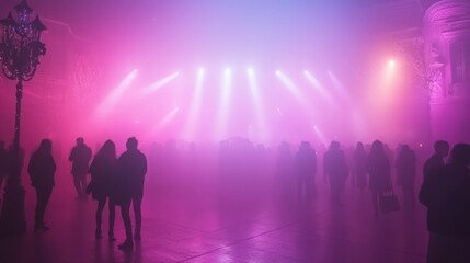 Naklejka premium Silhouettes of People in Pink and Purple Fog with Stage Lights