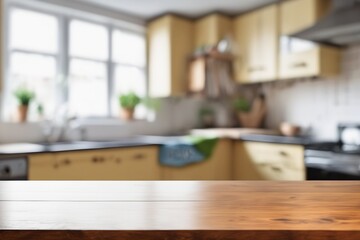 a blurred cozy kitchen interior with a kitchen table neatly arranged with utensils, surrounded by shelves and cabinets in the background 