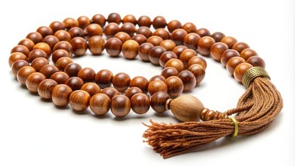 Obraz premium Elegant wooden beads with tassel on white background evoke a sense of spirituality, inner reflection, and prayerful