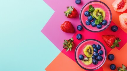 Vibrant smoothie bowls topped with fresh fruits and mint on a colorful background.