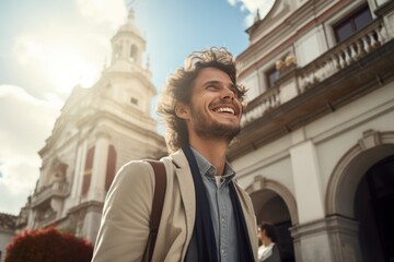Naklejka premium A man with a bright smile strolls in front of a magnificent historic building, basking in the golden afternoon sun and enjoying the cityscape.