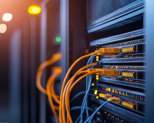 Close-up of network cables connected to server rack in a data center.