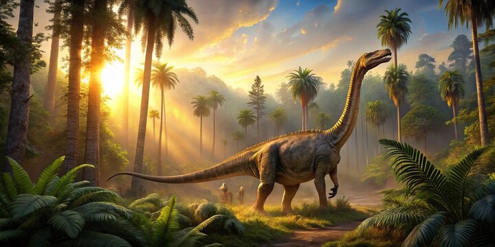 A massive Saltasaurus, a long-necked sauropod dinosaur, roams a lush, prehistoric forest, its scaly skin glistening in