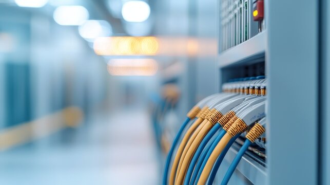 Close-up of network cables connected to a server rack in a data center.