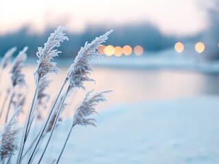 Serene winter scene featuring frosted grass and soft bokeh lights, creating a tranquil and peaceful atmosphere.