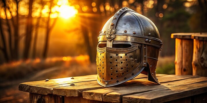 A medieval knight's Spangenhelm helmet, adorned with intricate engravings and a nasal guard, sits atop a rustic wooden
