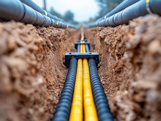 Underground electrical cables in a trench, with black and yellow insulation.