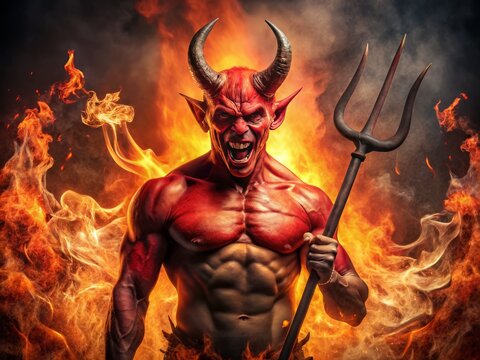 A menacing red-skinned devil with horns and pitchfork stands amidst flames, surrounded by smoke and shadows, exuding
