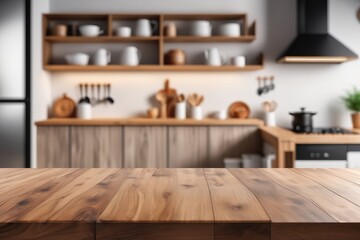 a cozy kitchen interior with a kitchen table neatly arranged, surrounded by shelves and cabinets in the background