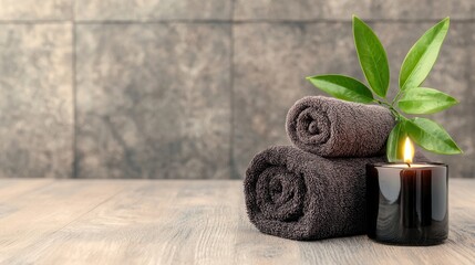 Spa Relaxation with Rolled Towels, Candle, and Greenery