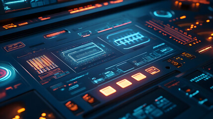 Futuristic 3D Technology Interface - Glowing Buttons and Digital Display