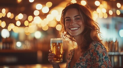 ビールで乾杯する笑顔の女性