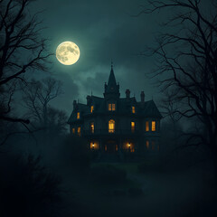 Fototapeta premium Spooky haunted house at night under a full moon