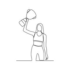 One continuous line drawing of the people hold the cup after winning competition vector illustration. Sport themes design in simple continuous line vector concept. Good asset for education purpose.