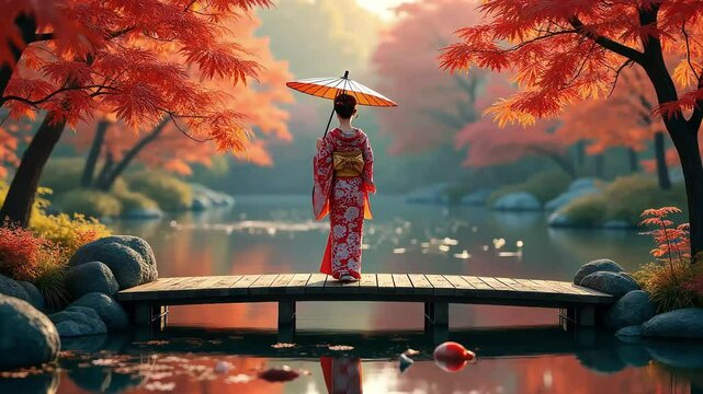 Traditional Geisha in Japanese Garden under Red Maple Trees