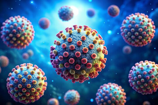 A microscopic image of human papillomavirus cells, highlighting the viral particles' spherical structure and genetic