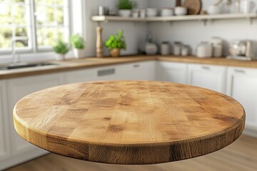 Empty beautiful round wood tabletop counter on interior in clean and bright kitchen background, Ready for display, Banner, for product montage ,  ai