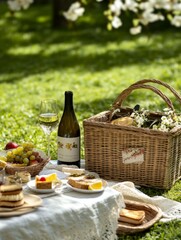 Picnic Basket with Wine Cheese and Fresh Produce in Idyllic Outdoor Setting