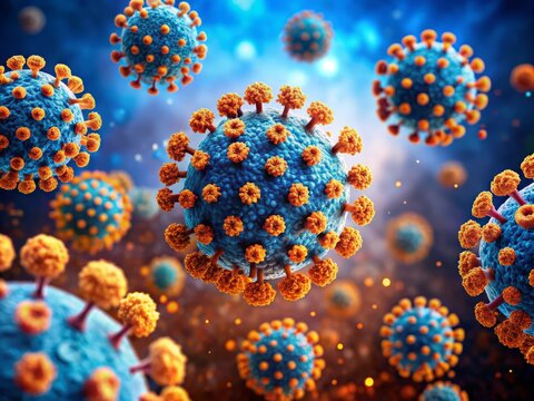A microscopic view of human papillomavirus particles, digitally colored blue and orange, showcasing the viral structure