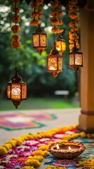 Colorful lanterns and hanging diyas illuminating an outdoor veranda, with vibrant rangoli at the base and marigold garlands hanging from above. Copy space, happy Diwali background, traditional, Indian