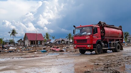 Emergency fuel delivery truck operating in disaster-stricken areas, providing essential supplies