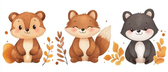 Fototapeta premium Cute Watercolor Animals, Squirrel, Fox, and Bear with Autumn Leaves
