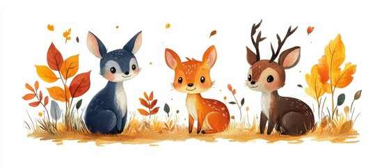 Fototapeta premium Cute Watercolor Illustration of Three Adorable Deer in Autumn Forest Setting