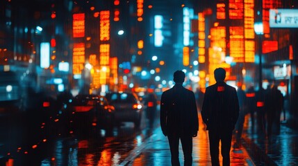 Fototapeta premium Two Silhouettes Walking Through NeonLit City Street In The Rain