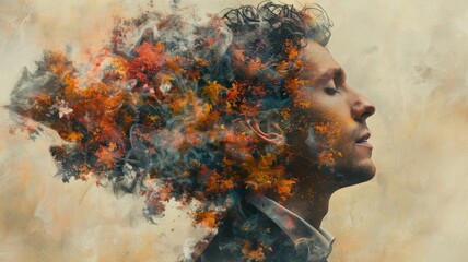 Abstract Artistic Collage of a Man with Explosive Colorful Elements and Smoke Effects