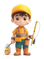 A cheerful cartoon boy dressed as a fisherman, holding a fishing rod and a net.