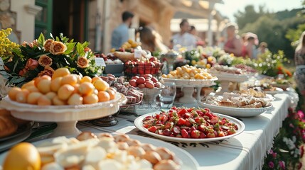 Obraz premium Outdoor catering dinner at the wedding with homemade garnishes decoration 