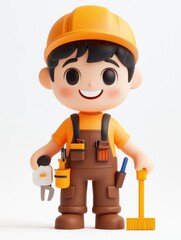 Fototapeta premium A cheerful cartoon construction worker holding tools, symbolizing work and creativity.