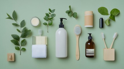 An assortment of bathroom essentials, including a white bottle with a pump dispenser, a glass bottle with a pump dispenser, a jar of cream,