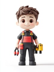 A cheerful cartoon boy in work attire holding tools, representing a young worker or handyman.