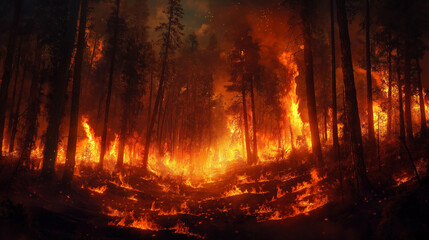 Obraz premium Dramatic Nighttime Forest Fire Raging Through Trees, Intense Flames Reflecting on Water in Wildfire Scene