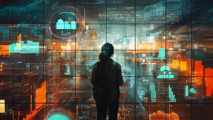 Woman is looking at a futuristic cityscape through a digital interface, with animated financial data and charts displayed on the screen - Powered by Adobe