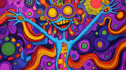 Fototapeta premium A colorful cartoon character with exaggerated features and a playful pose, surrounded by psychedelic patterns and swirls, capturing the fun and lively essence of the 1970s