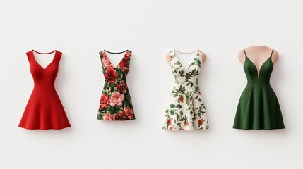 A collection of elegant dresses in various colors and floral patterns, perfect for any fashionable occasion.