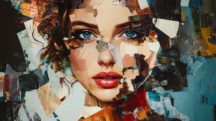 A close-up of a woman's face, with the artist using a patchwork of shapes and colors to create a unique and abstract portrait.
