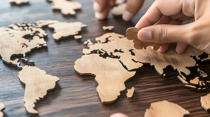 Fototapeta premium Hand Placing Wooden Puzzle Piece on World Map