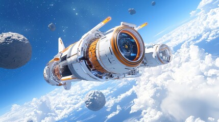 Fototapeta premium Futuristic Spaceship Soaring Above Clouds
