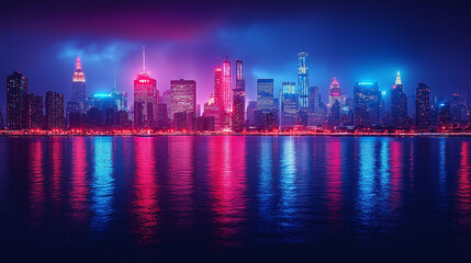Fototapeta premium A city skyline by the bay with red and blue neon lights in the background, reflecting on the surface of the ocean